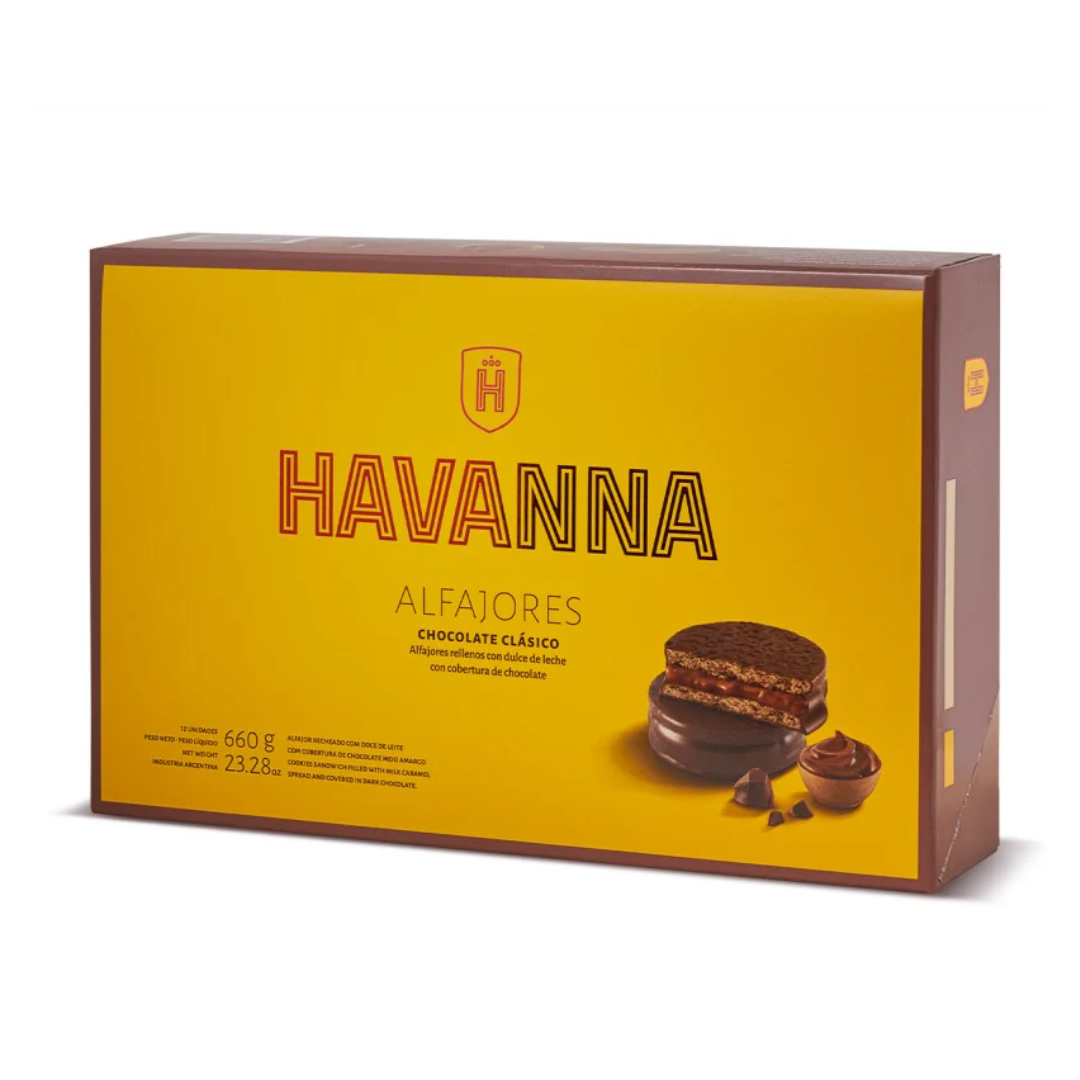 Alfajores Havanna de Chocolate con leche rellenos de Dulce de leche 660 g / 23.28 oz (Caja de 12)